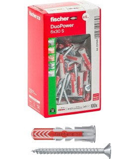 Tasselli Duopower con Vite 6x30 mm 100pz per Muro pieno, Mattone Forato, Cartongesso, 537646