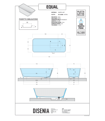 Vasca freestanding Equal in Aquatek light  L 170 x P 70 x H 50 cm