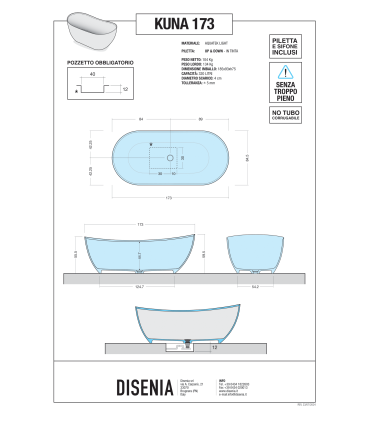 Vasca freestanding Kuna in Aquatek Light L 173 x P 84,5 x H 59,5 cm