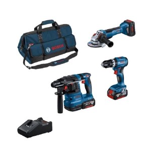 Bosch Kit 3 UTENSILI BRUSHLESS: MARTELLO PERFORATORE + MINIANGOLARE + TRAPANO AVVITATORE CON PERCUSSIONE + BATTERIE + BORSONE