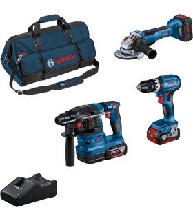 Bosch Combo Kit: Trapano-AvvitatoreGSB 18V + Smerigliatrice GWS18V + Martello GBH18V + 3 batterie + Caricabatteria + Borsa