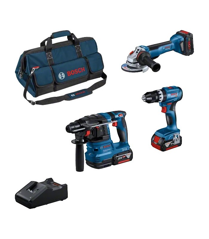 Bosch Combo Kit: Trapano-AvvitatoreGSB 18V + Smerigliatrice GWS18V + Martello GBH18V + 3 batterie + Caricabatteria + Borsa